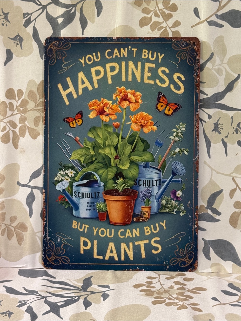Schultz Blue Garden Sign with Orange Flowers and Butterflies
